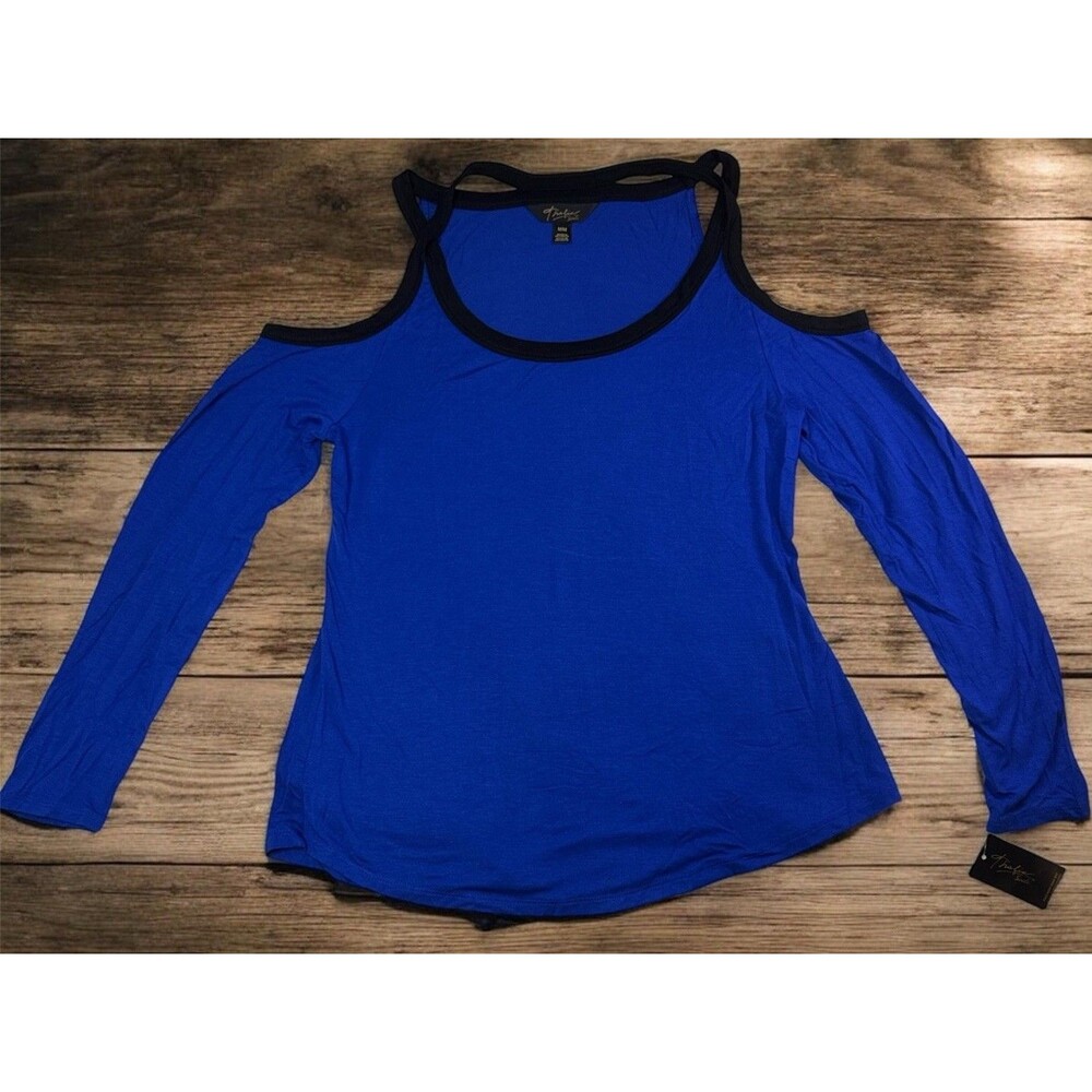 Thalia Sodi Womens Cold Shoulder Long Sleeve Top Blue With Black Trim Sz Medium